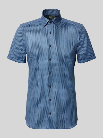 Productfoto, Slim Fit Business-Hemd im Allover-Look mit Kentkraag van OLYMP Level Five, blauw patroon, katoen-elastaan mix, slim fit, korte mouw, allover look, kentkraag, ruglengte 80 cm, schouderbreedte 44 cm, mouwlengte 24 cm