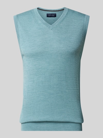 Produktfoto, Slim Fit Pullunder aus Baumwoll-Mix mit V-Ausschnitt von Christian Berg Men, hellblau, feine Strick-Optik, gerippte Abschlüsse