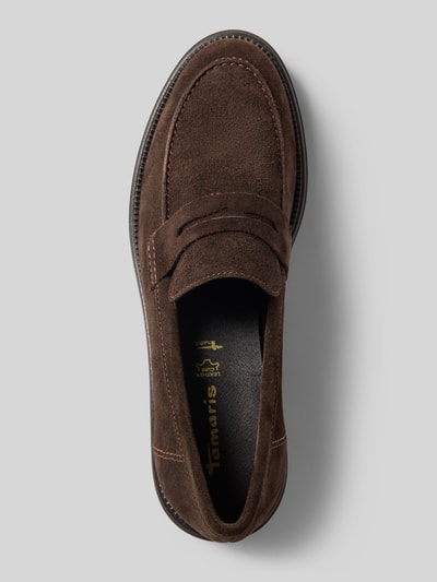 Produktfoto, Loafer aus echtem Rindsleder von Tamaris, unifarbenes Braun, Glattleder mit profilierten Sohlen, Logo-Detail, Blockabsatz
