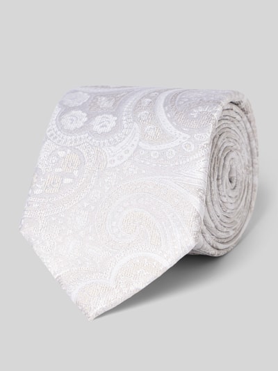 Produktfoto, Krawatte und Einstecktuch im Set aus reiner Seide von Prince Bowtie, elegantes Paisley in Grau und Weiß, klassische Form, glatte Textur, für Herren, verstellbare Kragenweite.