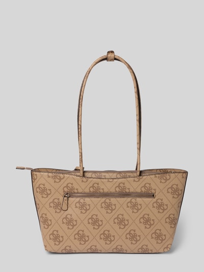 Produktfoto, Handtasche mit Logo-Muster Modell 'JANIE' von Guess, Label-Applikation, Hauptfach mit Reißverschluss, Tragehenkel, beige-braune Töne, Breite 42 cm, Länge 23 cm, Tiefe 11 cm, Schulterriemen 72 cm