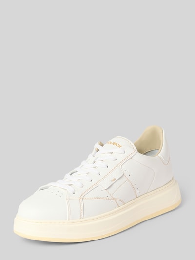 Produktfoto, Sneaker aus Leder mit Schnürung Modell 'ARROW' von Woolrich in Weiß, abgerundete Spitze, strukturierte Sohle, seitliche Ansicht