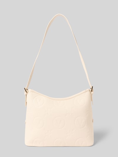 Produktfoto, Hobo Bag mit Label-Details Modell 'SAMBA' von VALENTINO BAGS in Creme, strukturierte Oberfläche, Reißverschluss, verstellbarer Schultergurt, Hauptfach, Reißverschlussfach innen, Breite 29 cm, Länge 22 cm, Tiefe 12 cm, Länge Schulterriemen 81 cm.