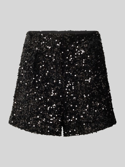Produktfoto, czarne Straight Fit Shorts mit Allover-Pailettenbesatz von Apricot, połyskująca faktura, elastyczny pas, szerokość w rozmiarze S: 38 cm, długość nogawki od wewnątrz w rozmiarze S: 8 cm
