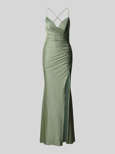 Produktfoto, Maxikleid mit Drapierungen und Gehschlitz von Mascara, schimmernder Satin in Grün, figurbetonter Schnitt, Seitenschlitz