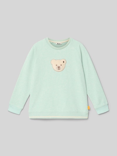 Produktfoto, mintgrünes Regular Fit Sweatshirt mit Logo-Stitching von Steiff, Kinder Rundhalsausschnitt, elastische Abschlüsse, Baumwoll-Mix