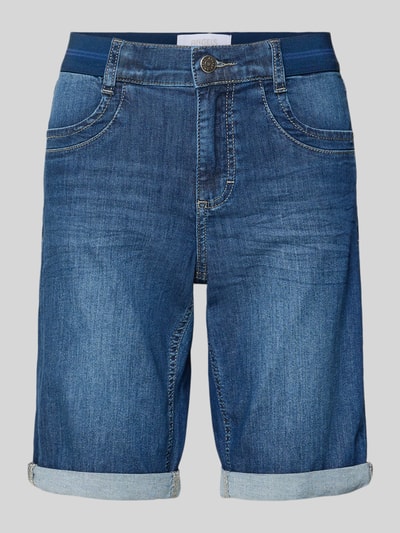 Produktfoto, Jeansshorts mit Umschlag und elastischem Bund von Angels, mieszanka bawełny i elastanu, krój regular fit, szerokość w rozmiarze 36: 39 cm, długość wewnętrzna nogawki w rozmiarze 36: 30 cm, niebieskie odcienie, widoczna faktura dżinsu