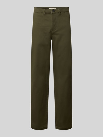 Produktfoto, olivgrüne Hose mit geradem Schnitt, glatte Textur, Straight Fit Chino aus Baumwoll-Mix Modell 'Miles' von Selected, Herren Chino
