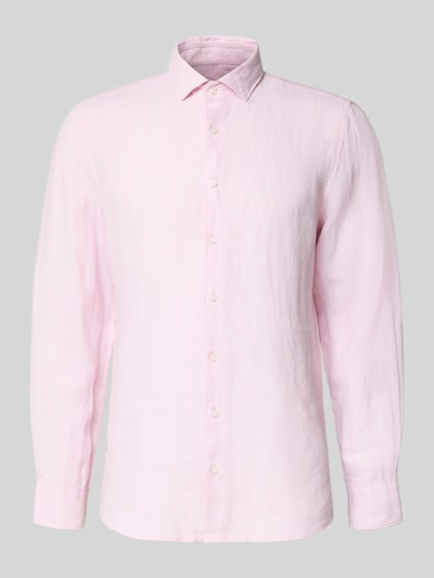 Produktfoto, Slim Fit Business-Hemd aus Leinen mit Kentkragen von SEIDENSTICKER in zartem Rosa, glatte Textur, Knopfleiste, Vorderansicht, reines Leinen, Herrenhemd