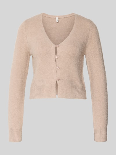 Produktfoto, Slim Fit Strickjacke mit einreihige Knopfleiste Modell 'KERRY' von Only in Optik: Unifarben, V-Ausschnitt, Langarm, gerippte Abschlüsse, Materialverarbeitung: Strick.