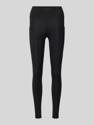 Produktfoto, schwarze Slim Fit Leggins mit Beintaschen Modell 'OASIS' von Fabletics, elastischer Material-Mix, breiter Bund