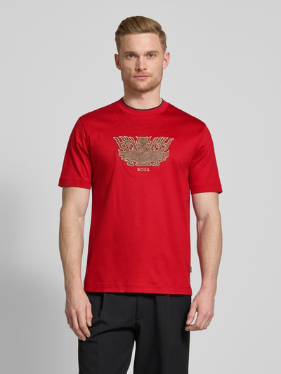 BOSS T-shirt met motief- en labelstitching, model 'Taut' Rood - 4