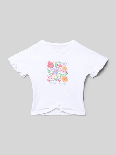 Produktfoto, Regular Fit T-Shirt mit Motiv-Print von Blue Seven, Kinder T-Shirt aus Reine Baumwolle, Zierbesatz, Rundhalsausschnitt, Rückenlänge 43 cm bei Größe 116, weiß mit buntem Motiv und glatter Struktur