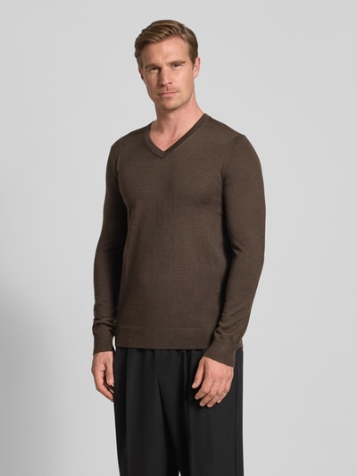 Christian Berg Men Gebreide pullover van een mix van merinowol met V-hals Donkerbruin gemêleerd - 4