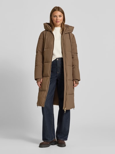 MOS MOSH Gewatteerde lange jas met capuchon, model 'Ollie' Chocoladebruin - 1