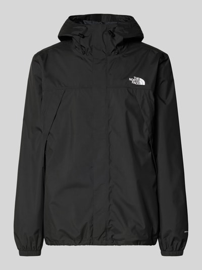 Produktfoto, schwarze Jacke mit Kapuze von The North Face, verdeckter Reißverschluss, Label-Print, Reißverschlusstaschen, glatte Textur