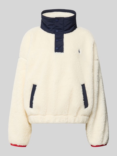 Produktfoto, Oversized Sweatshirt mit Polo-Bear-Intarsie von Polo Ralph Lauren für Damen, cremefarbene Fleece-Oberfläche, navyblaue Details