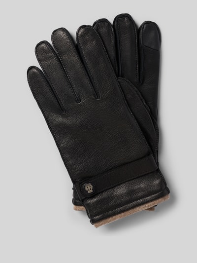 Produktfoto, Lederhandschuhe aus echtem Leder Modell 'Wilhelmshaven' von Roeckl, schwarz, Strukturmuster, Rippbündchen, Riegel mit Label-Detail