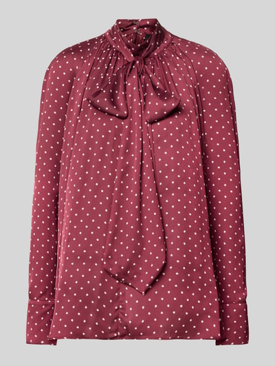 Produktfoto, Regular Fit Bluse aus Satin von ROTATE, bordeaux met witte stippen, opstaande kraag, sierstrik, met lange mouwen, ruglengte bij maat 36: 70 cm, mouwlengte bij maat 36: 63 cm