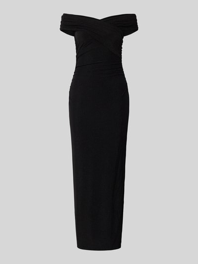 Produktfoto, schwarzes Abendkleid in Wickel-Optik Modell 'Sandy' von Forever New mit Off-Shoulder-Look, tailliertem Schnitt und Raffungen, glatte Textur