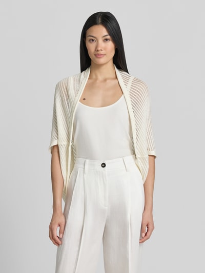 Frauenmodel trägt Relaxed Fit Cardigan aus Viskose-Mix mit Baumwoll-Anteil von s.Oliver BLACK LABEL, Optik: Unifarben, Struktur, Materialverarbeitung: Ajour-Strick, Muster: Struktur, ganzkörperansicht von vorne.