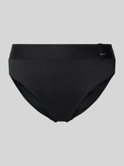 Produktfoto, Bikini-Slip mit Label-Detail von Marie Jo, schwarz, feine Rippenstruktur, elastischer Bund, körpernaher Schnitt, Stretch-Anteil
