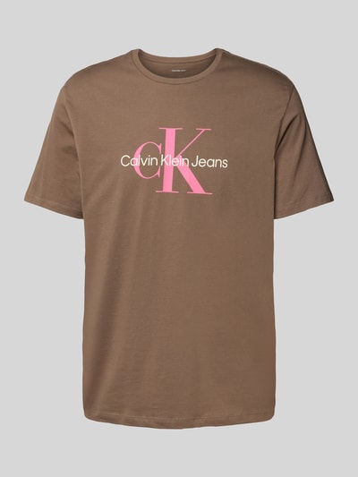 Calvin Klein Jeans T-shirt met labelprint, model 'HERO' Lichtbruin - 2