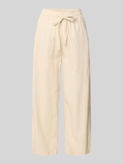 Produktfoto, Wide Fit Stoffhose aus Leinen-Mix mit Viskose-Anteil Modell 'Ina' von Soyaconcept, helle Farbe, strukturierte Oberfläche, Verkürzte Passform, elastischer Bund mit Tunnelzug, Damen Stoffhose, Bundweite 34 cm, Innenbeinlänge 63 cm, Leinen-Mix mit Viskose-Anteil