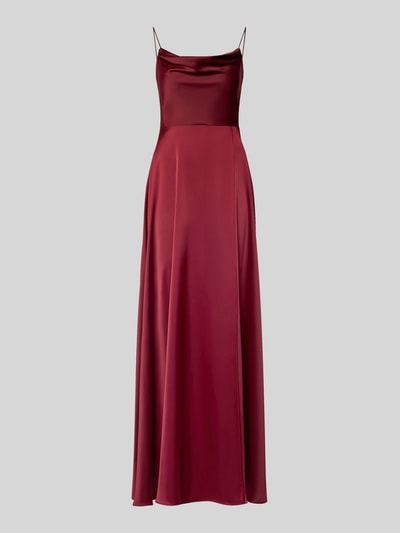 Produktfoto, Abendkleid mit Wasserfall-Ausschnitt von Jake*s Cocktail in Burgunderrot, glänzender Material-Mix mit Stretch, taillierter Schnitt
