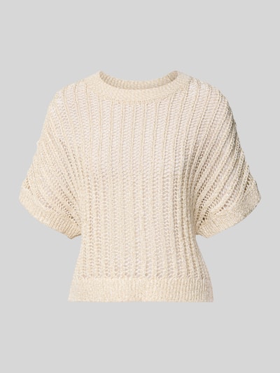 Produktfoto, Strickpullover mit 1/2-Arm und Rundhalsausschnitt von comma in Beige, grob gestrickte Struktur, Relaxed Fit, Material-Mix mit Baumwoll-Anteil.
