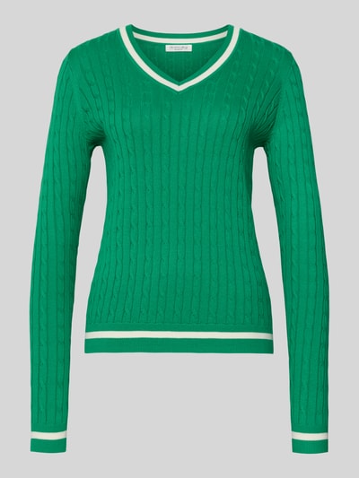 Produktfoto, Slim Fit Longsleeve in Strick-Optik van Christian Berg Woman, katoenmix, v-hals, elastische boorden, groen met witte details