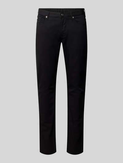 Produktfoto, Slim Fit Jeans aus Baumwoll-Mix im 5-Pocket-Design von Armani Emporio Armani, schwarze Farbe, glatte Textur, Vorderansicht.