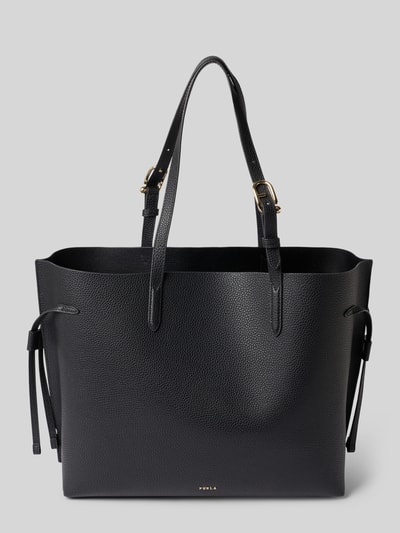 Produktfoto, schwarze Handtasche aus echtem Leder mit Logo-Detail Modell 'Ava' von FURLA, offenes Hauptfach, schmale Schulterriemen, strukturierte Oberfläche, Maße: 51x30x40 cm, Schulterriemenlänge 58 cm