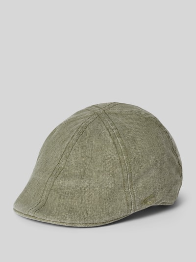 Produktfoto, Flat Cap aus Baumwoll-Leinen-Mix mit Label-Stitching von camel active in Olivgrün, Teilungsnähte, feine Leinenstruktur