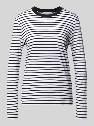 Produktfoto, Regular Fit Langarmshirt aus reiner Baumwolle Modell 'ESSENTIAL' von Selected Femme, Damen Langarmshirt, weiße Grundfarbe mit schwarzen Querstreifen, weiche Baumwoll-Textur, runder Halsausschnitt.