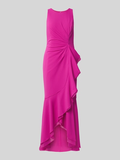 Produktfoto, Abendkleid mit Drapierungen und Volants von Adrianna Papel in Pink, figurbetonter Schnitt, Maxikleid, Volantdetails, Material-Mix mit Stretch-Anteil, strukturierte Oberfläche, Rundhalsausschnitt, Kontrast durch Drapierungen und Volants, geeignet als Damen Abendkleid.
