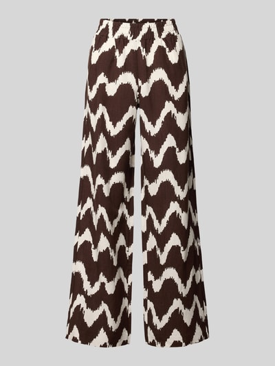 Produktfoto, Wide Leg Pants aus Viskose-Mix mit elastischem Bund von OPUS PANTS, model 'Malotta', krój loose fit, mieszanka wiskozy i lnu, szerokość w rozmiarze 36: 37 cm, długość wewnętrzna nogawki 79 cm, wzór w brązowo-białe zygzaki, wyraźna faktura tkaniny