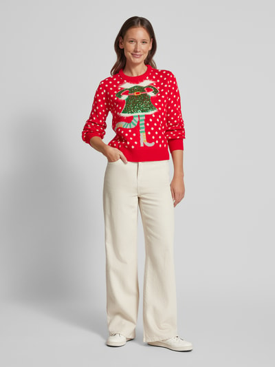 Vero Moda Regular Fit Weihnachtspullover mit Pailletten-Motiv Modell 'SPARKLE ELFIE' Rot 1