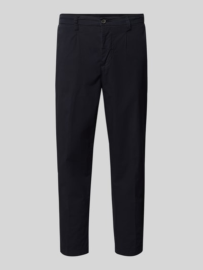 Produktfoto, Hose mit Gesäßtaschen Modell 'PANTALACCIO POPELINE' von MARKUP aus dunkelblauem Baumwoll-Elasthan-Mix, Regular-Fit, klare Linien, glatte Oberfläche, Bundweite 48 cm, Innenbeinlänge 69 cm, Herren.