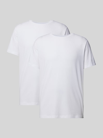 Produktfoto, T-Shirt mit geripptem Rundhalsausschnitt im 2er-Pack von Tommy Hilfiger, Unifarbenes-Design, Modal-Baumwoll-Mix mit Stretch-Anteil, Gerade Passform, weiße Herren T-Shirts auf grauem Hintergrund