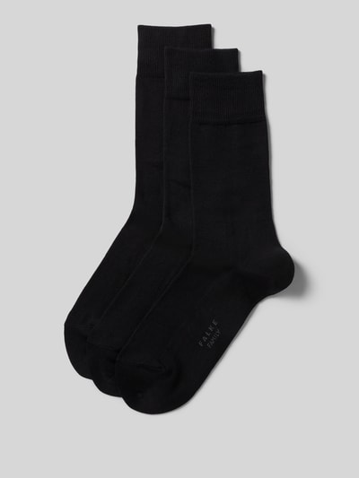 Produktfoto, Socken mit elastischem Rippenbündchen im 3er-Pack von Falke, Herren Socken aus Baumwoll-Mix mit Stretch-Anteil, schwarze Farbe, körpernahe Passform, Modell Family, glatte Struktur