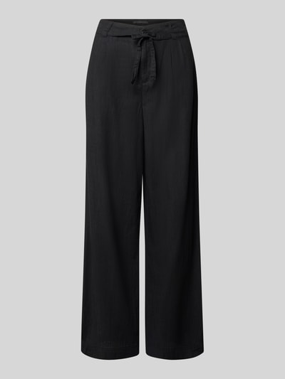 Produktfoto, Wide Fit Stoffhose mit Bügelfalten Modell 'Livia' von Angels in Schwarz aus Reine Baumwolle mit Eingriffstaschen, Knopf- und Reißverschluss, sichtbare Struktur, Bundweite bei Größe 36/32: 41 cm, Innenbeinlänge: 88 cm.