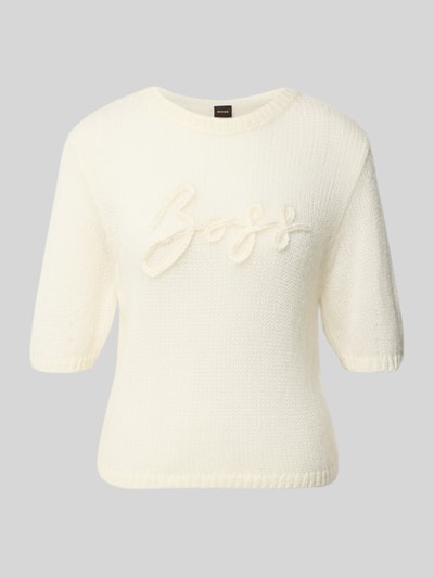 Produktfoto, cremefarbener Regular Fit Pullover aus Schurwoll-Modal-Mix Modell 'C_Farezza' von BOSS Orange, strukturierte Strick-Oberfläche.