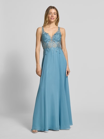 LUXUAR FASHION Avondjurk met kant en met strass-steentjes Rookblauw - 4
