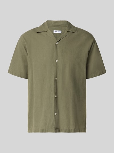 Produktfoto, Regular Fit Freizeithemd aus Baumwoll-Leinen-Mix von Jack & Jones in Olivgrün, Modell BREEZE, glatte Textur, Knopfleiste.