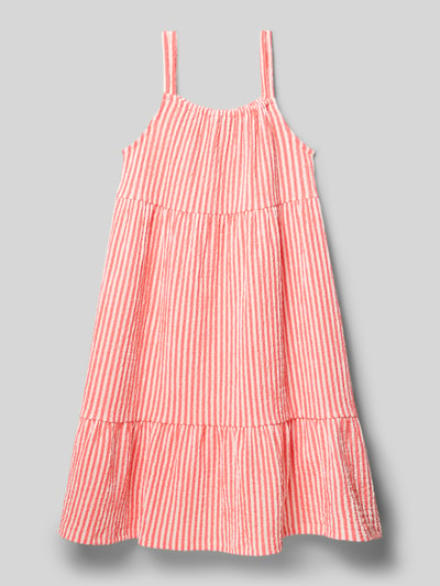 Produktfoto, Kleid mit Strukturmuster und Spaghettiträgern von Garcia, rot-weiß gestreift, lockerer Schnitt, Volantsaum, Material-Mix mit Stretch-Anteil.