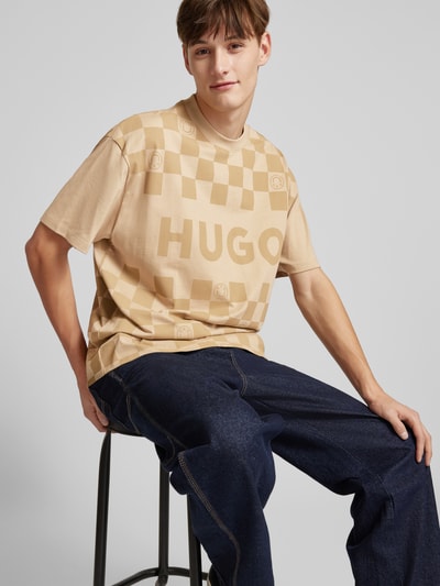 Hugo Blue T-shirt met labelprint, model 'Narliparo' Beige - 3