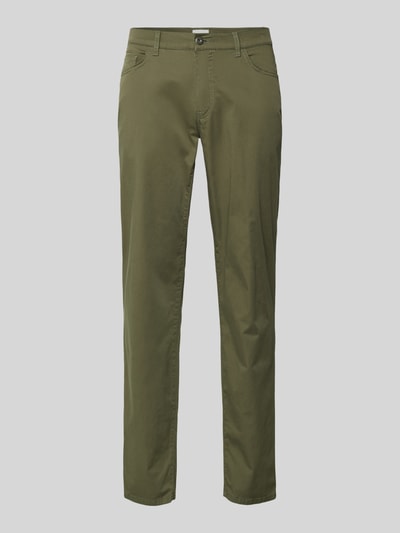 Produktfoto, Slim Fit stoffen broek met mix van katoen en lyocell Model 'Cadiz' van BRAX, olijfgroen, 5-pocketmodel, knoop- en ritssluiting, Heren, bandwijdte maat 32/32: 107 cm, binnenbeenlengte: 81 cm