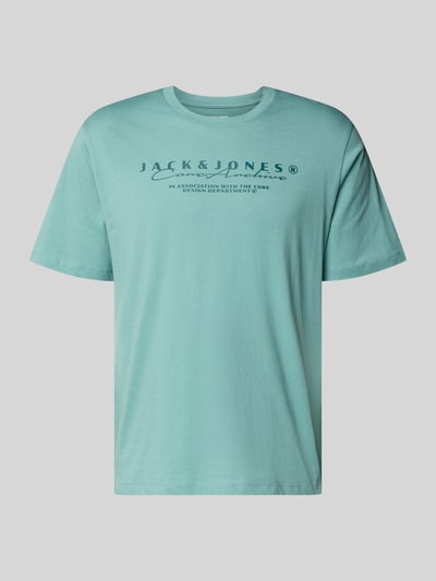 Produktfoto, T-Shirt mit Logo und Rundhalsausschnitt von Jack & Jones in Mint, Reine Baumwolle, Regular-Fit, Rückenlänge 71 cm bei Größe M