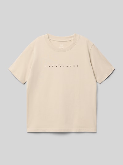 Produktfoto, Regular fit T-shirt met logoprint model 'Estar' van JACK & JONES voor kinderen, puur katoen, ronde hals, ruglengte maat 140 50 cm, lichtbeige kleur, gladde stof